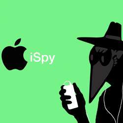 A shadowy spy snooping on an Apple device.