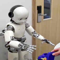 A robot is taught to distinguish between two objects as part of the research on the effect of body posture on infant learning.