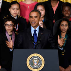 President Barack Obama speaks in the East Room of the White House during the 2015 White House Science Fair. 