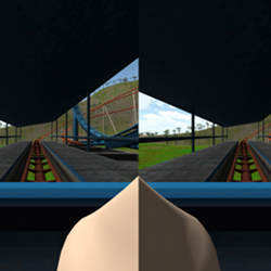 A screenshot from an application in which the user rides a roller coaster.