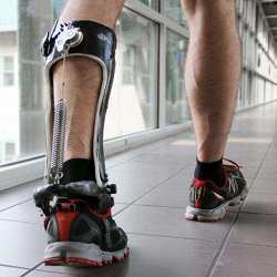 Walking around campus with the exoskeleton on one leg. 