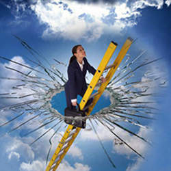 A woman shattering a glass ceiling as she climbs the corporate ladder. 