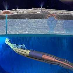 An artist's rendering depicts a soft robotic rover, resembling a squid or lamprey, that can swim though oceans.