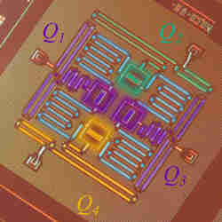 IBM's four-qubit square lattice of superconducting qubits, which is roughly one-quarter-inch square.