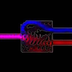 Infrared light enters this silicon structure from the left. The cut-out patterns, determined by an algorithm, route two different frequencies of this light into the pathways on the right.