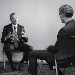 U.S. President Barack Obama being interviewed by Fast Company editor-in-chief Robert Safian.