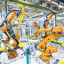 Robots at working in Jaguar Land Rovers Halewood plant.