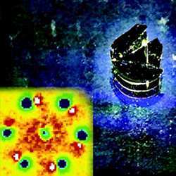 The image at right is an illustrated view of a material irradiated by laser pulses; at left is an image of the material showing subtle structural changes from photo-doping.