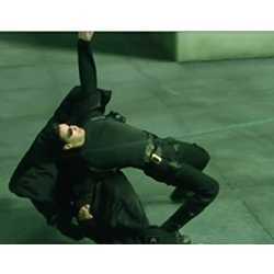 A scene from "The Matrix" in which Neo (Keanu Reeves) dodges bullets. 