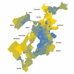 Gold shows the areas that are better off than most, and blue shows those that fare much worse.