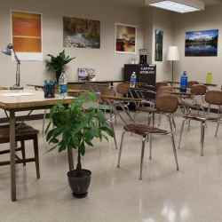 A non-stereotypical computer science classroom decorated with plants and nature posters.