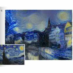 Given a photo of buildings and a copy of Vincent Van Goghs The Starry Night (inset), the algorithm taught itself Van Gogh's style in about an hour, and generated the image above.