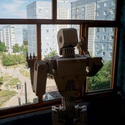 robot looks out window