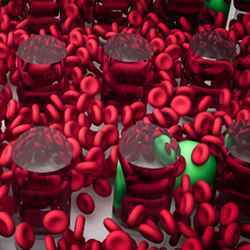 Red blood cells (red) and circulating tumor cells (green) traveling through a microfluidic cell sorting device, as simulated by uDeviceX.