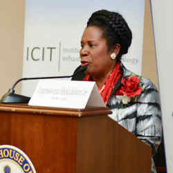 Rep. Sheila Jackson Lee speaking about cybersecurity at the Capitol Hill event.