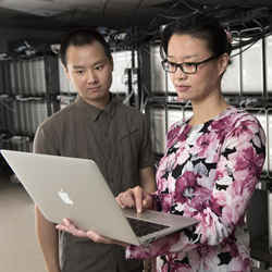 Daphne Yao, associate professor of computer science in Virginia Polytechnic Institute and State University's College of Engineering, and her doctoral student Xiaokui Shu, check their data for their program anomaly-detection approach.