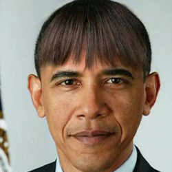 President Barack Obama made light of his wife's new bangs with a mock picture of himself with the same hairdo in this humorous photo created by the White House shown at the annual White House Correspondents' Association dinner.