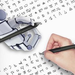 robot and human hands writing characters