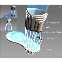 A pair of socks embedded with miniaturised microbial fuel cells (MFCs) and fuelled with urine pumped by the wearer's footsteps has powered a wireless transmitter to send a signal to a PC. 