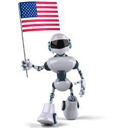 robot holding U.S. flag, illustration