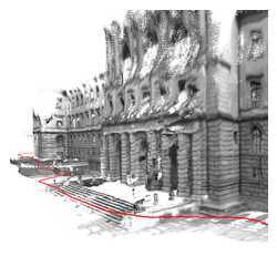 A three-dimensional model of ETH Zurich's main building. The red line indicates the path the scientists took in order to generate it.