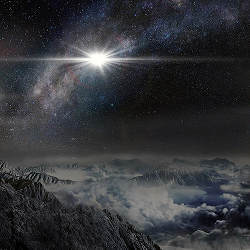 An artists impression of the record-breaking superluminous supernova ASASSN-15lh as it would appear from an exoplanet 10,000 light years away in the host galaxy of the supernova.