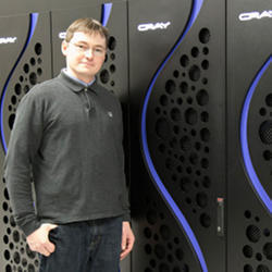 Mississippi State researcher and faculty member Bohumir Jelinek with supercomputing equipment at Mississippi State Universitys High Performance Computing Collaboratory.