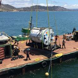 The Leona Philpot, a prototype underwater data center, being deployed off the coast of California last August.