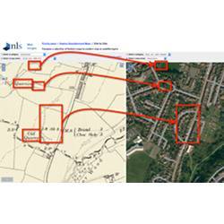 At left, a map of contamination sites in Bristol, U.K.; at right, contemporary satellite imagery of the same location. 