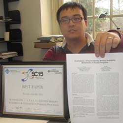 Researcher Xu Liu, with the Best Paper award from SC15 and the paper that won it.