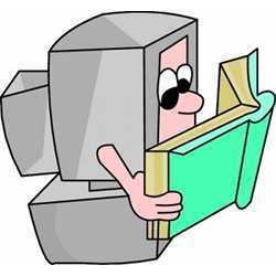 Illustration of a computer reading a book.