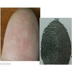 A finger used for enrollment (left), and a two-dimensional printed  fingerprint image used to unlock a Samsung S6 handset.