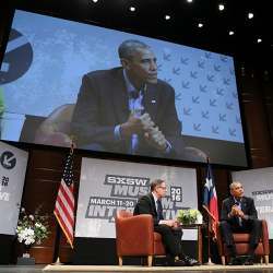 President Obama chats about encryption with Texas Tribune editor-in-chief Evan Smith at the opening keynote of the 2016 SXSW Music Festival.