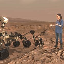 Mars Curiosity rover driver Erisa Hines in a mixed-reality presentation.