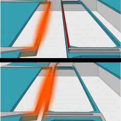 schematic of two beams exchanging heat using light