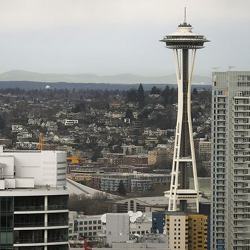 A view of the Space Needle in downtown Seattle.