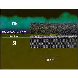 The cross section of the non-volatile memory structure shows a polycrystalline fused film of hafnium and zirconium oxides grown on a highly doped silicon substrate.