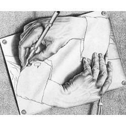 A drawing of hands drawing each other.