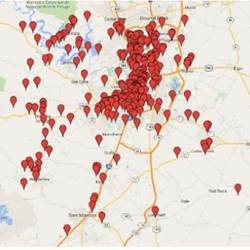 Map directions obtained by scanning short URLs show locations visited by one user in Austin, TX.