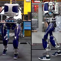 Two views of the DURUS robot taking a walk.