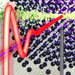 A short laser pulse travels through a diamond (black spheres) and excites electrons inside it.