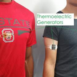 Thermoelectric generator-embedded t-shirt (left) and armband (right).