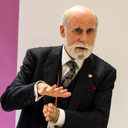 Vint Cerf speaking to journalists at the 2015 Heidelberg Laureate Forum in Heidelberg, Germany.