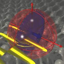 Artist?s impression of a single-atom electron spin, hosted in a silicon crystal and dressed by an oscillating electromagnetic field.