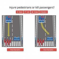 Should the autonomous vehicle injure five pedestrians (left) or swerve and kill its four occupants?