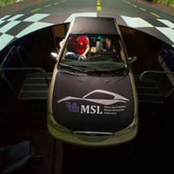 The driving simulator inside the University at Buffalo's Motion Simulation Laboratory. 