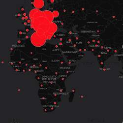 A map depicting hotbeds of dark web activity related to illegal products. Larger circles indicate more activity.