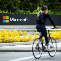 Microsoft sign, bicycle rider