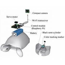 The equipment used to steer a turtle's movements via brain waves.