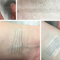 A printed electrode pattern of the new polymer being stretched, and a transparent, stretchy electronic skin patch. 